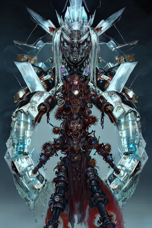Prompt: asura from chinese myth, ghost, luxurious armor mixed with leather and metal, dystopian, cyberpunk, organic fractal mycelum and fungi, mecha, halfturn portrait of a big crystal face made of crystals half - turn, ominous, intricate, studio, art by anthony macbain + greg rutkowski + alphonse mucha, concept art, 4 k, sharp focus