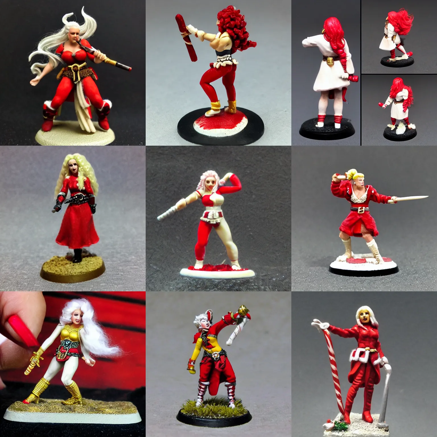 Prompt: 2 8 mm heroic scale miniature. games workshop. human bard. two - tone white blonde & bright red underlayer. christina aguilera with candy cane hair color.