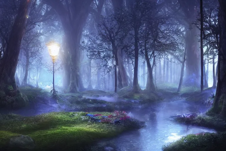 Image similar to An enchanted forest at night, beautiful landscape, fantasy-style, cinematic lighting, photorealism.