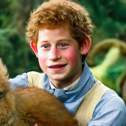 Prompt: Prince Harry as Bartook a teen hobbit with short curly dark brown hair wearing a blue vest with a white sash standing next to a giant rabbit, high resolution film still, movie by Peter Jackson