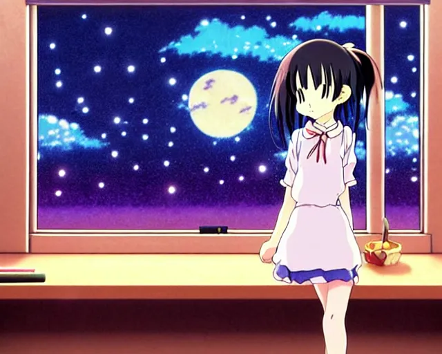 Prompt: photorealistic, anime fine details portrait of joyful cat-girl in school class room at dark night, moon, bokeh. anime masterpiece by Studio Ghibli. 8k, sharp high quality classic anime from 1990 in style of Hayao Miyazaki. Synopsis preceding scene cut released from episode 10 good morning of the TV anime Chihiro days broadcast on Tuesday March