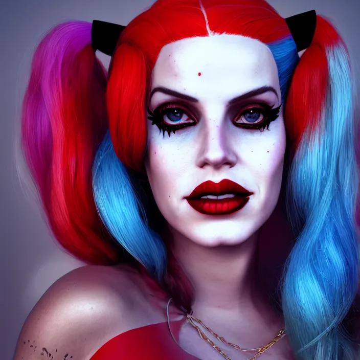 Image similar to portrait of lana del ray as a harley quinn. intricate abstract. intricate artwork. smooth. by Tooth Wu, wlop, beeple, dan mumford. octane render, trending on artstation, greg rutkowski very coherent symmetrical artwork. cinematic, hyper realism, high detail, octane render, 8k, iridescent accents