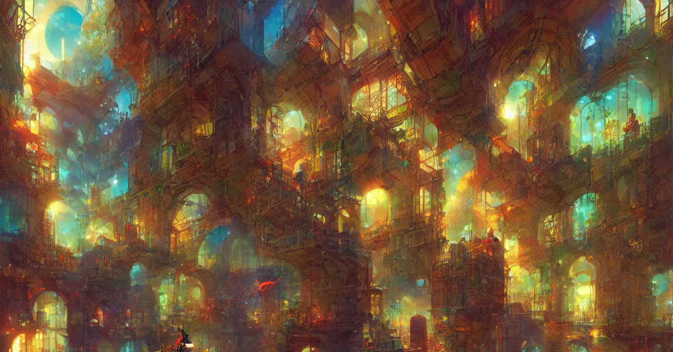 Prompt: Magic window to colorful different dimensions, with floating different energy strings and small particles, by Marc Simonetti