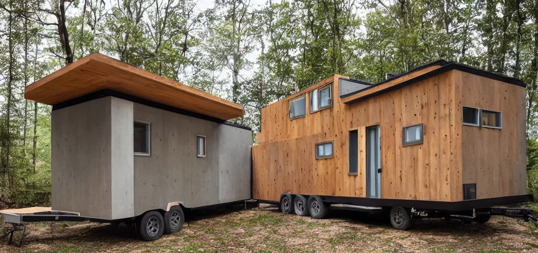 Prompt: brutalist tiny home on trailer, made of stone.