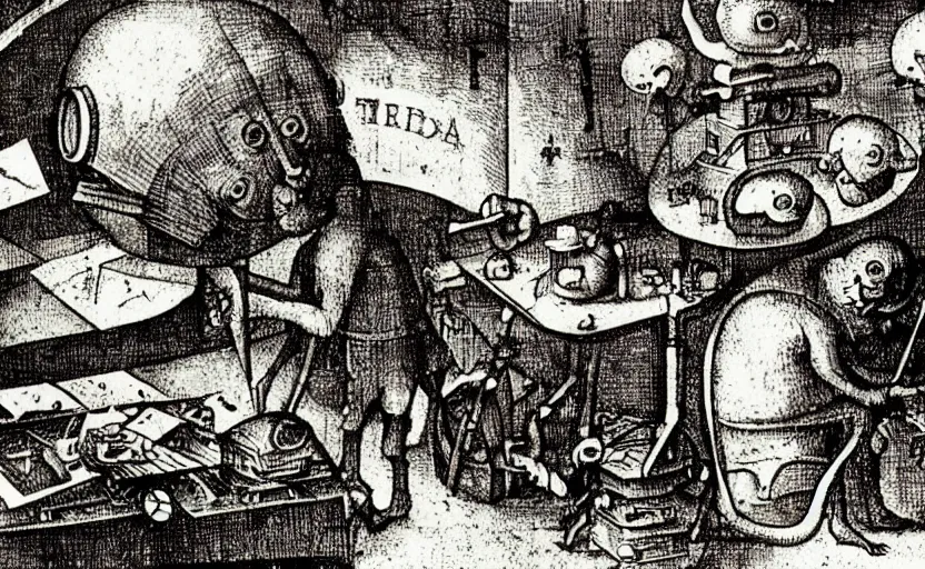 Image similar to an occult machine making copies of a funny little creature by hieronymus bosch