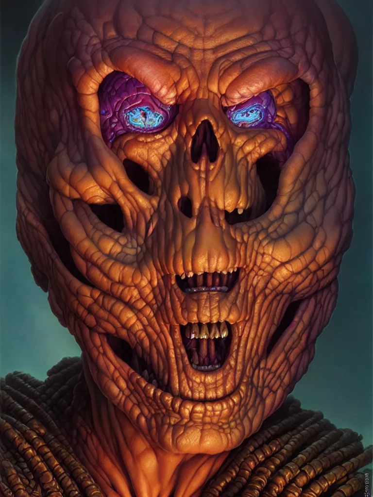 Image similar to hyperrealistic rendering, skeletor face by donato giancola and greg rutkowski and wayne barlow and zdzisław beksinski, product photography, action figure, sofubi, studio lighting, colored gels