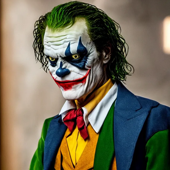 Image similar to willem dafoe as the joker, 8 k, movie still