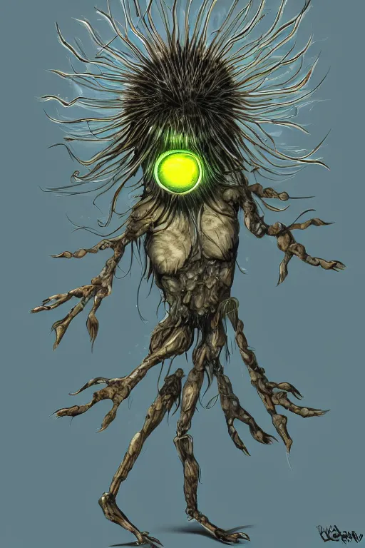 Image similar to a humanoid figure dandelion monster with large glowing eyes, highly detailed, digital art, sharp focus, trending on art station, artichoke, anime art style