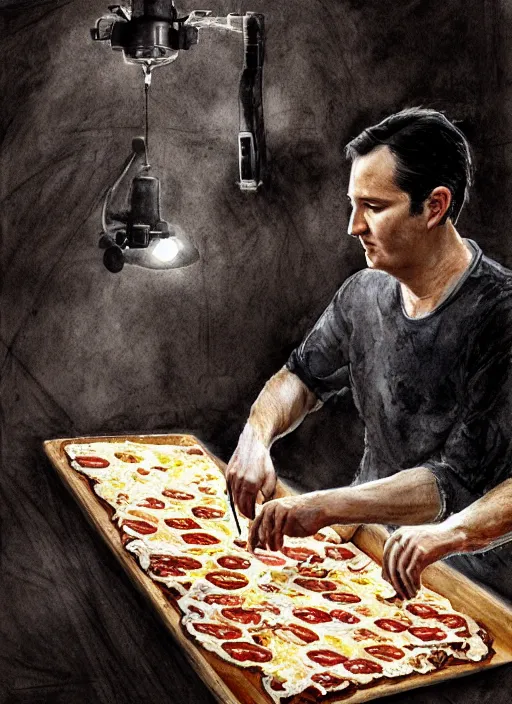 Image similar to portrait, Ted Cruz making a pizza, watercolor, dramatic lighting, cinematic, establishing shot, extremely high detail, foto realistic, cinematic lighting, pen and ink, intricate line drawings, by Yoshitaka Amano, Ruan Jia, Kentaro Miura, Artgerm, post processed, concept art, artstation, matte painting, style by eddie mendoza, raphael lacoste, alex ross