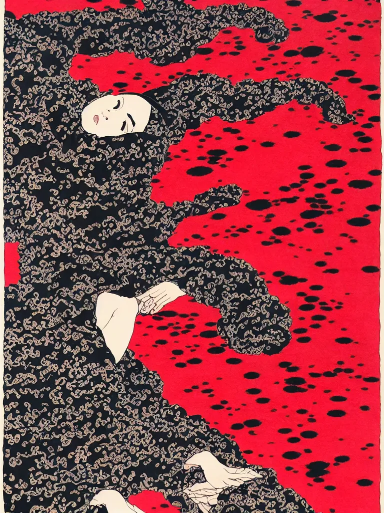 Prompt: buddhist monk surrounded by brushstrokes of black ink, ((red ink splats)), vibrant, intricate, smooth, trending on artstation, cherry blossoms, art by Takato Yamamoto, Francis Bacon masterpiece