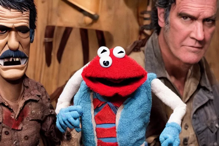 Image similar to High definition scene from Evil Dead Muppets starring Bruce Campbell as Ash