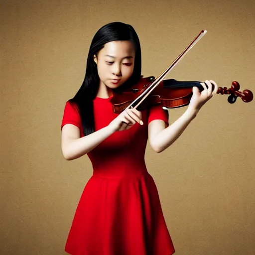 Prompt: cute asian girl playing the violin, focused, highly detailed, red dress