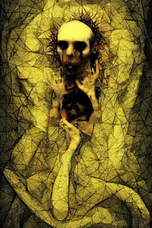 Prompt: Collage art Fractal personification of madness, despair, distressing collage, beautiful and creepy , silkscreen, textures, perfect geometry , epic composition, golden ratio, high quality printing