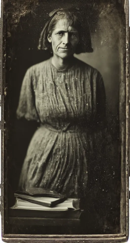 Image similar to a highly detailed wet plate photograph, a portrait of a female school teacher