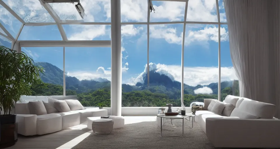 Image similar to looked at big window, architectural, mountains in background, cloud forest in background, tropical, sunny day time, clear sky, living room, furniture, IKEA catalogue, futuristic, ultra realistic, ultra detailed, cinematic light, anamorphic