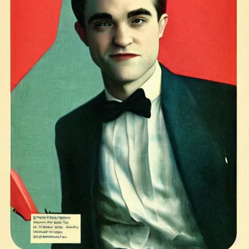 Image similar to “Robert Pattison portrait, color vintage magazine illustration 1950”