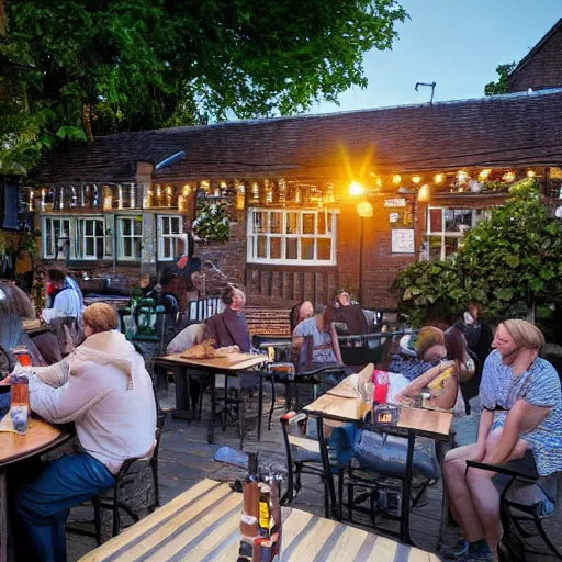 Image similar to an english pub garden at golden hour, people are drinking pints of lager and smoking cigarettes