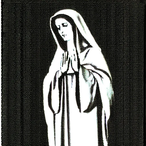 Image similar to vhs static overlay of marian apparition, vhs, 1 9 9 0, highly realistic, highly detailed, vhs noise static, black and white, vhs glitch