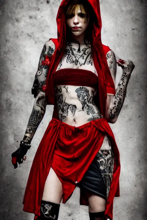 Image similar to Beautiful female, full body, little red riding hood, punk rock, piercings, tattoos, skirt, midriff, dramatic lighting, cinematic, establishing shot, extremely high detail, foto realistic, cinematic lighting, post processed, concept art, high details, cinematic, 8k resolution, beautiful detailed, photorealistic, digital painting, artstation, concept art, smooth, sharp focus, artstation trending, octane render, unreal engine