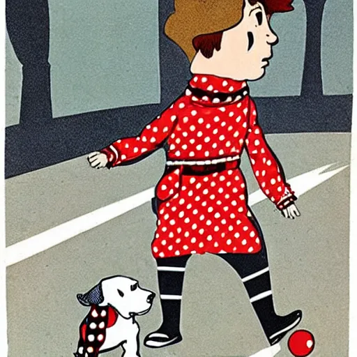 Image similar to book illustration of a french boy on the streets of paris playing football against a corgi, the dog is wearing a polka dot scarf, 1 9 6 6