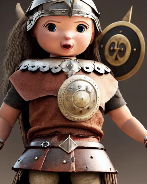 Prompt: an adorable toy of a viking girl with her shield raised to defend, pixar style, authentic viking armor, historically accurate, clean detail, symmetrical, octane render, studio lighting