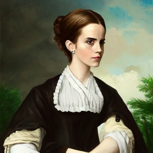 Prompt: A portrait of Emma Watson. Colonial Era Painting.