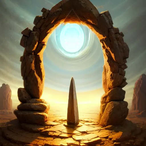 Prompt: a single carved ornate doorway to infinity found amongst the standing stones of a forgotten civilization, Concept art, by Noah Bradley and Peter Mohrbacher and Greg Rutkowski digital art, otherworldly, artstation, concept art, smooth, sharp focus, illustration, ultra wide lens, volumetric light