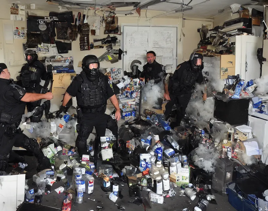 Image similar to Alex Jones in his garage office INFOWARS studio fighting a group of SWAT police, surrounded by boxes of herbal supplements and trash, tear gas and smoke, detailed photograph high quality