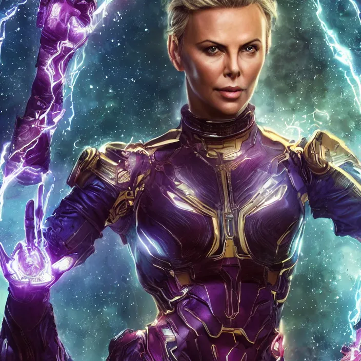 Image similar to portrait of (Charlize Theron), wearing The Infinity Gauntlet!! intricate artwork. octane render, trending on artstation, very coherent symmetrical artwork. thanos. cinematic, hyper realism, high detail, octane render, 8k, iridescent accents