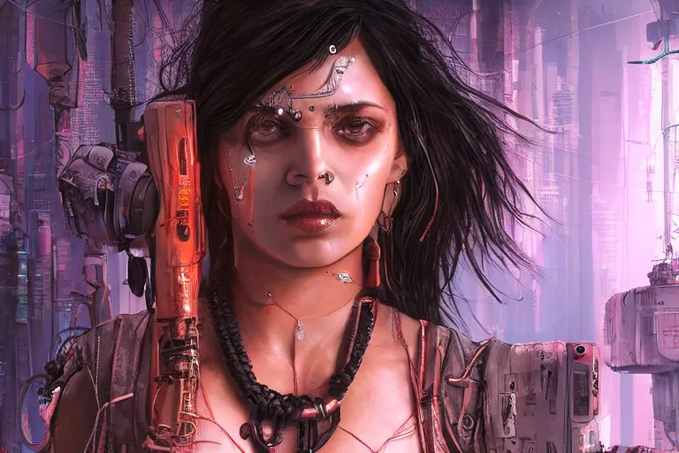 Prompt: a high detailed portrait of a sexy female model with hindu feautures cyberpunk in a dystopian world