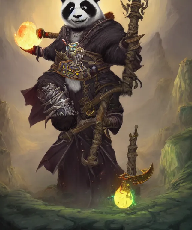 Image similar to a portrait an anthropomorphic panda warlock holding a staff, wearing warlock robes with spiked shoulders, landscape in background, dnd character art portrait, world of warcraft style, by peter mohrbacher, cinematic lighting