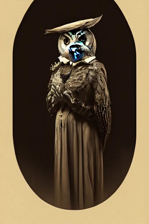 Image similar to wet plate photograph of an anthropomorphic owl dressed in a victorian - era ballgown, dramatic lighting, highly detailed, digital painting, artstation, concept art, smooth, sharp focus, illustration, art by wlop, mars ravelo and greg rutkowski