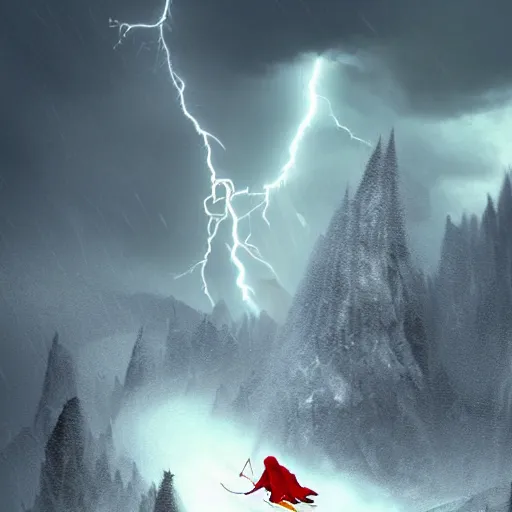 Prompt: dracula skiing down a mountain a night in a thunderstorm, digital art, highly detailed, epic composition, cinematic lightning