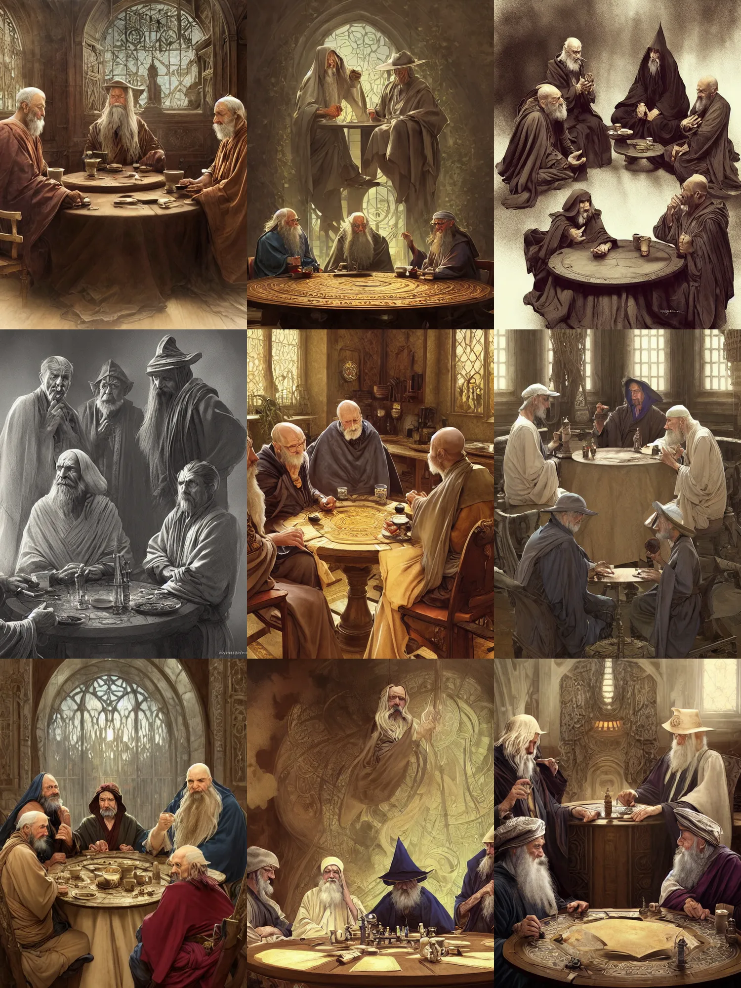 Prompt: picture of three old sages in a round table, classical wizard robes, sitting, serious, classic wizard hats, high fantasy, highly detailed, detailed faces, smooth, sharp focus, chiaroscuro, digital painting, concept art, artgerm and greg rutkowski and alphonse mucha