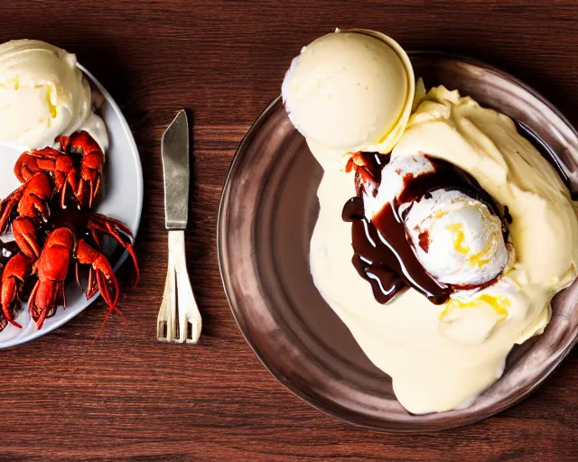 Prompt: dslr food photograph of a plate of lots of vanilla ice cream and a crawfish, some chocolate sauce, 8 5 mm f 1. 4