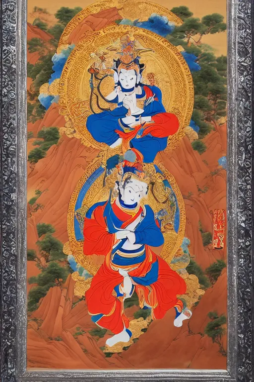 Prompt: a Beautifully exquisite WUKONG Thangka, with intricate details and bright colors. WUKONG is shown in the center, The background is a deep blue, with mountains and clouds. The thangka is framed in a gold border, by WU DAOZI, zhang xuan, qiu ying, Chris Saunders,