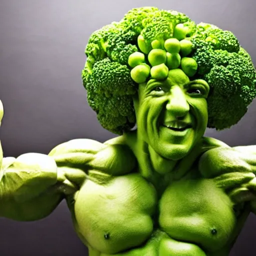 Prompt: a posing bodybuilder sculpture made entirely from broccoli, head of broccoli, studio photo