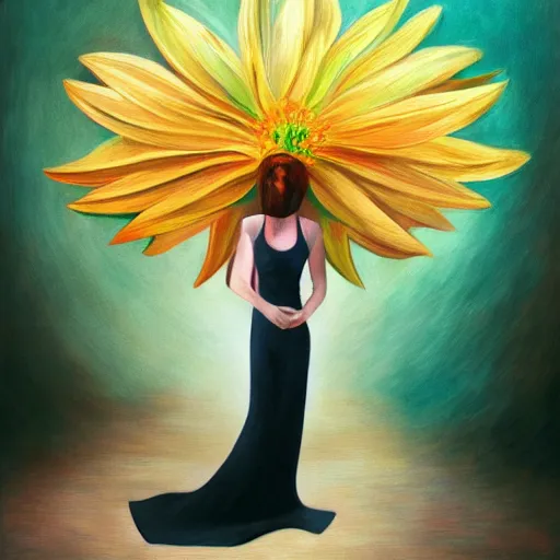 Image similar to huge flower as head, woman standing in a luxury apartment, surreal, dramatic light, impressionist painting, digital painting, artstation, georgia o'keeffe