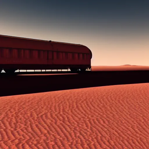 Image similar to train on wheels crosses the desert on mars, landscape, cyberpunk