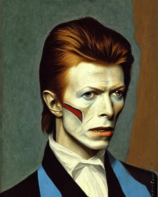 Prompt: a detailed portrait of david bowie by jean auguste dominique ingres by lee madgewick, neoclassical, illuminated manuscript, gold leaf