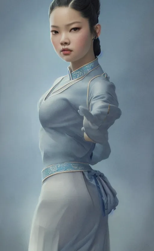 Prompt: jennie blackpink wearing qipao, soft grey and blue natural light, intricate, digital painting, artstation, concept art, smooth, sharp focus, illustration, art by greg rutkowski and luis rollo and gil elvgren, symmetry!