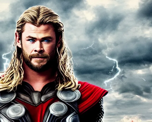 Image similar to chris hemsworth as thor with exaggerated drag queen makeup, cinematic shot, hyper detailed, cinematic