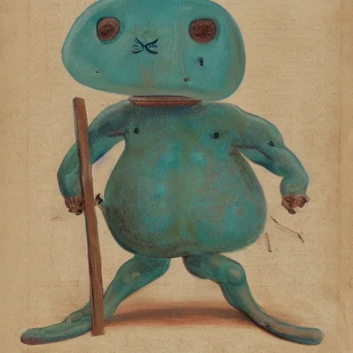 Prompt: a small turquoise sausage - shaped creature with two outstretched stick - like heads from the front of his body in costume