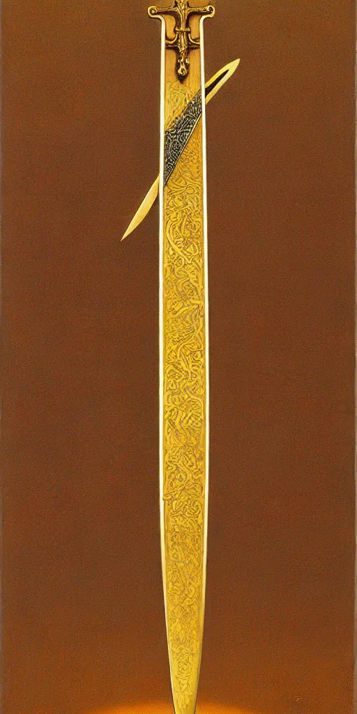 Prompt: a sword in the style of zdzisław beksinski, elegant, gold and oak inlay, sun motif, holy