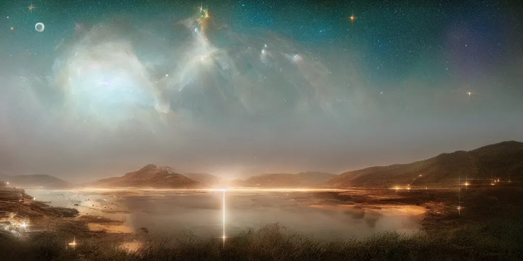 Prompt: a beautiful! double exposure of the astronomy picture of the day, nebula, with a rural seaside village landscape at night, soft white light, muted, neutral light, light blue tones, long exposure clouds, unreal engine