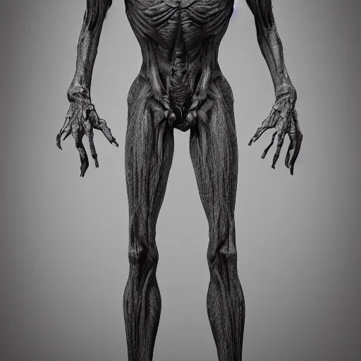 Image similar to standing photorealistic detailed tall skinny humanoid creature, extremly detailed, black and white, 8 k, realistic, sharp focus, cosmic horror creature, cosmic horror