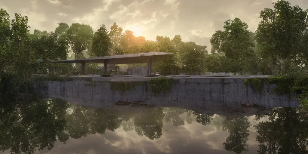 Image similar to an extremely detailed cathedral of brutalist architecture, surrounded by lush green forest, accurate reflections in small ponds of water, stunning volumetric lighting, sunset, rusted steel, smooth concrete, stunning skies, trending on Artstation, 8k, photorealistic, hyper detailed, unreal engine 5, IMAX quality, cinematic, epic lighting, in the style of Greg Rutkowski