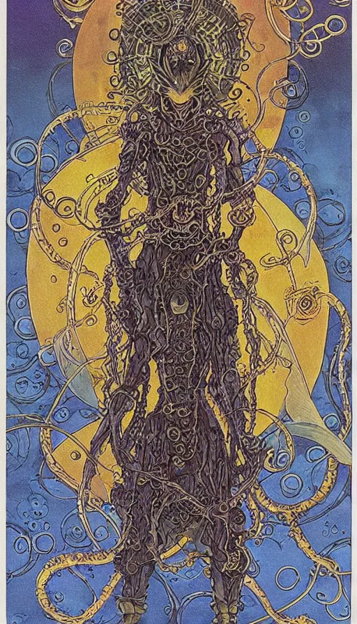 Prompt: lovecraftian cultist tarot card yoshitaka amano jean giraud rococo