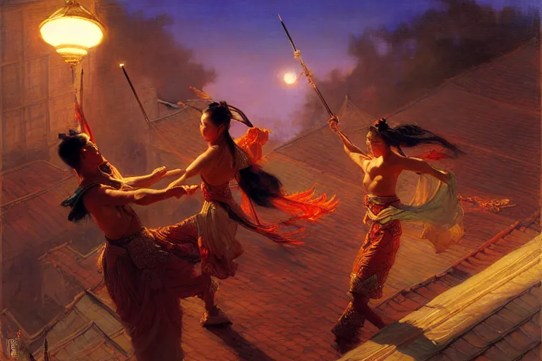Image similar to wuxia, fight on the roof, neon light, painting by gaston bussiere, craig mullins, j. c. leyendecker