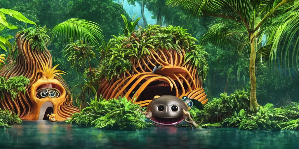 Image similar to of a tropical rainforest lake with strange cute friendly happy creatures with huge eyes, mouth, long tongue, round teeth and goofy face, appearing from the water, in the style of gehry and gaudi, macro lens, shallow depth of field, ultra detailed, digital painting, trending artstation, concept art, illustration, cinematic lighting, photorealism, epic, octane render